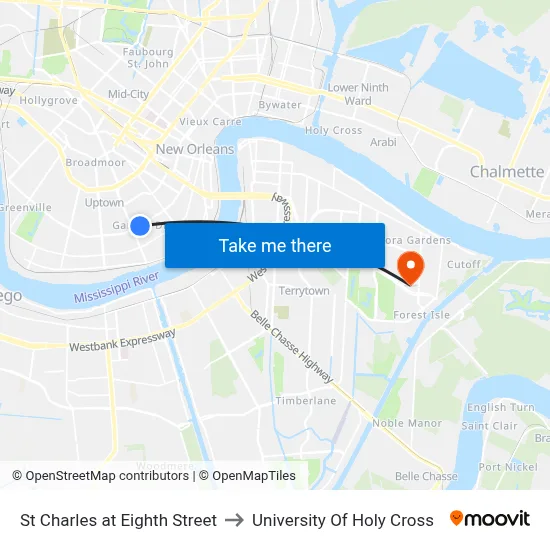 St Charles at Eighth Street to University Of Holy Cross map