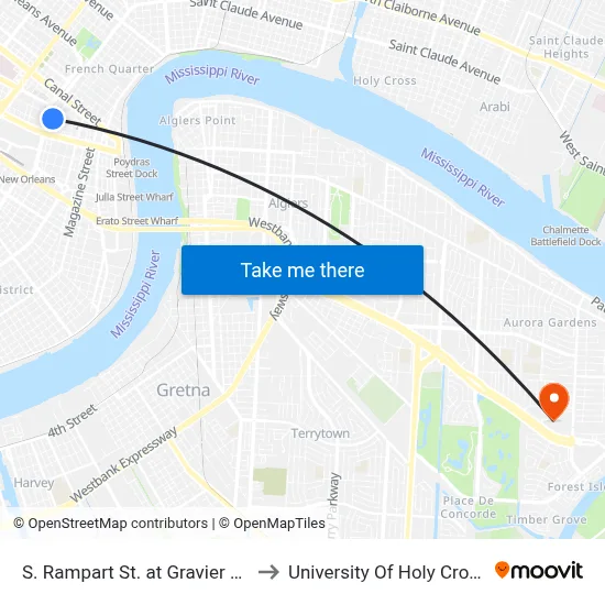 S. Rampart St. at Gravier St. to University Of Holy Cross map