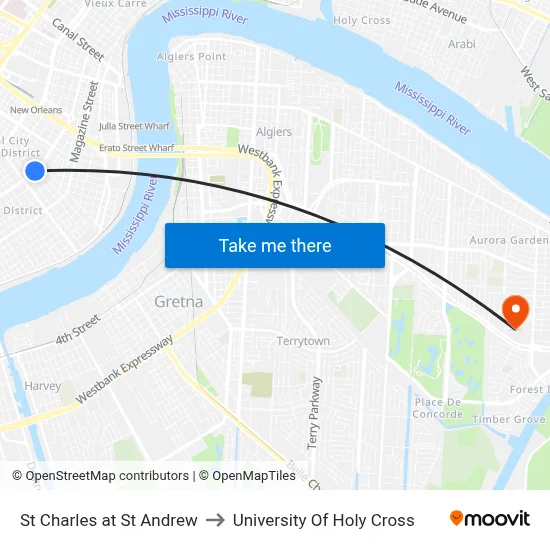 St Charles at St Andrew to University Of Holy Cross map