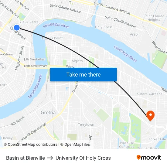 Basin at Bienville to University Of Holy Cross map