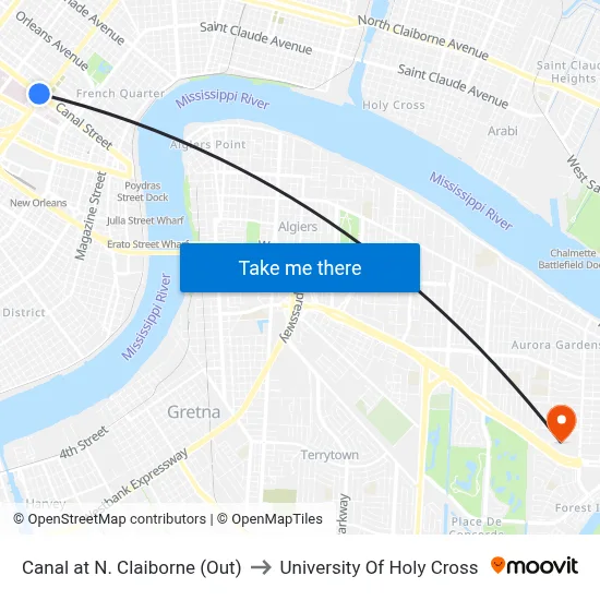 Canal at N. Claiborne (Out) to University Of Holy Cross map