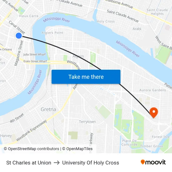 St Charles at Union to University Of Holy Cross map