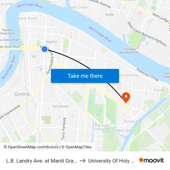 L.B. Landry Ave. at Mardi Gras Blvd. to University Of Holy Cross map