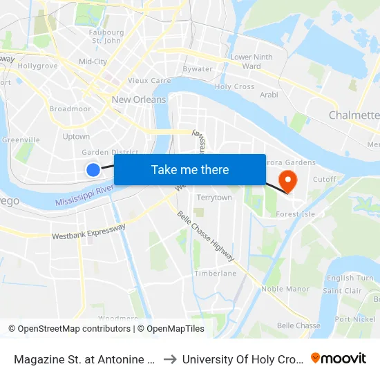 Magazine St. at Antonine St. to University Of Holy Cross map