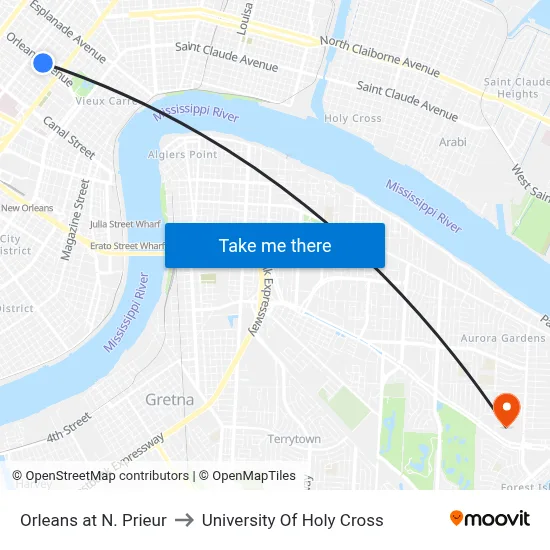 Orleans at N. Prieur to University Of Holy Cross map