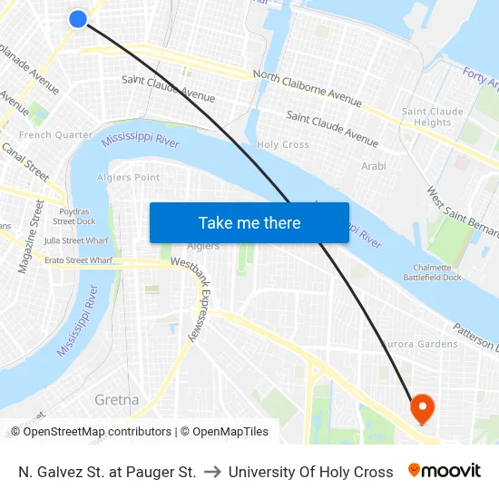 N. Galvez St. at Pauger St. to University Of Holy Cross map