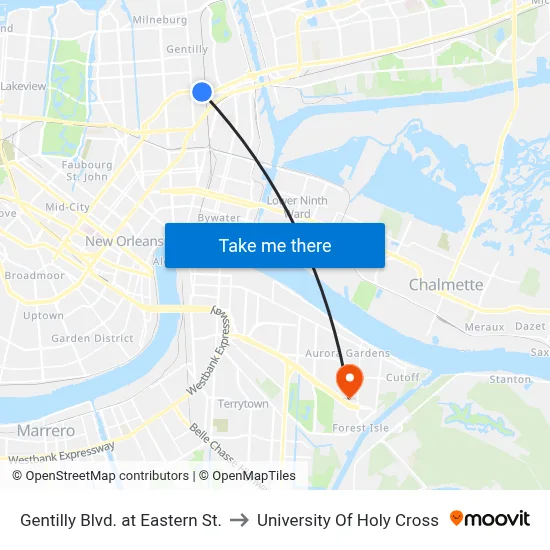 Gentilly Blvd. at Eastern St. to University Of Holy Cross map