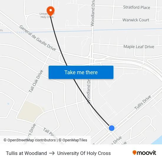 Tullis at Woodland to University Of Holy Cross map