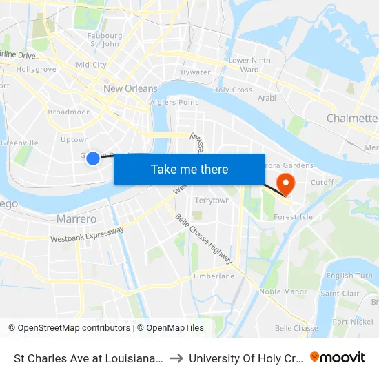 St Charles Ave at Louisiana Ave to University Of Holy Cross map
