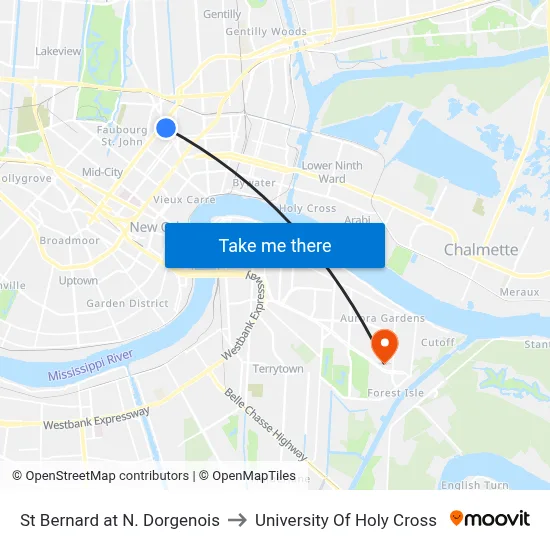 St Bernard at N. Dorgenois to University Of Holy Cross map