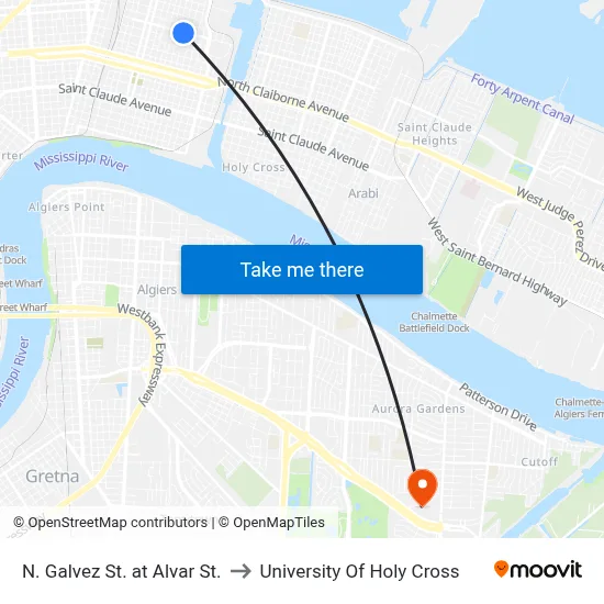 N. Galvez St. at Alvar St. to University Of Holy Cross map