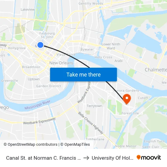 Canal St. at Norman C. Francis Pkwy. (Out) to University Of Holy Cross map