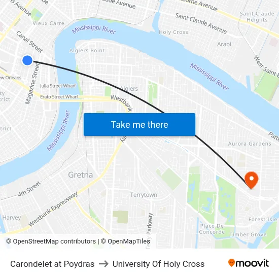 Carondelet at Poydras to University Of Holy Cross map