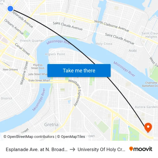 Esplanade Ave. at N. Broad St. to University Of Holy Cross map