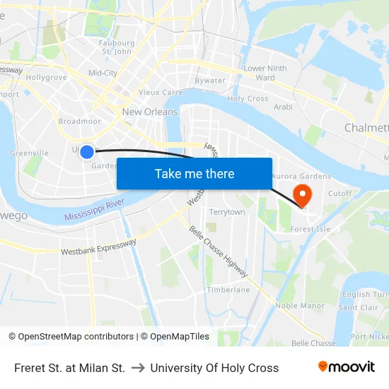 Freret St. at Milan St. to University Of Holy Cross map
