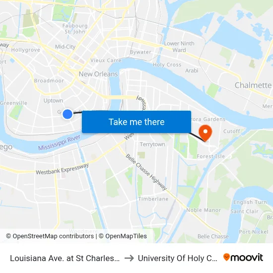 Louisiana Ave. at St Charles Ave. to University Of Holy Cross map