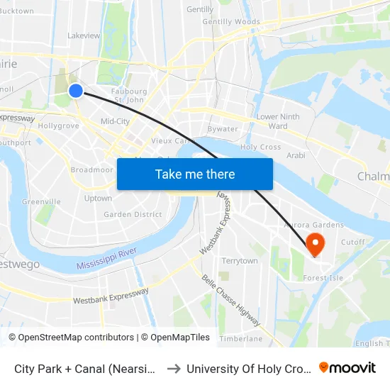 City Park + Canal (Nearside) to University Of Holy Cross map