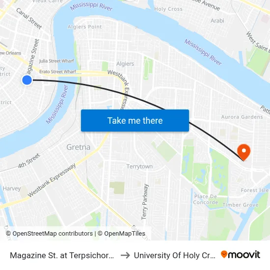 Magazine St. at Terpsichore St. to University Of Holy Cross map
