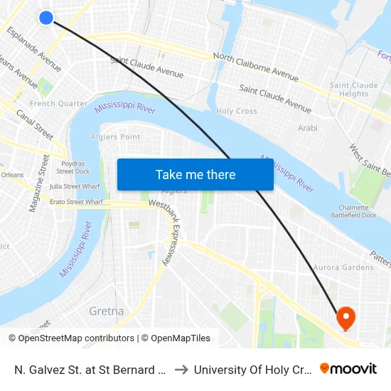 N. Galvez St. at St Bernard Ave. to University Of Holy Cross map