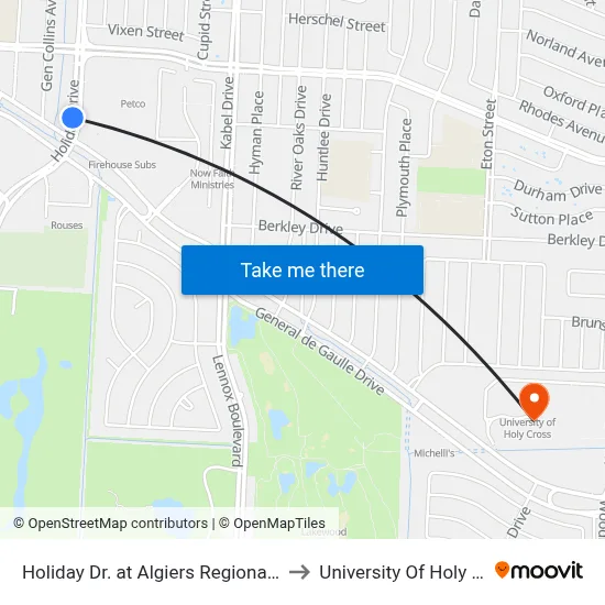 Holiday Dr. at Algiers Regional Library to University Of Holy Cross map