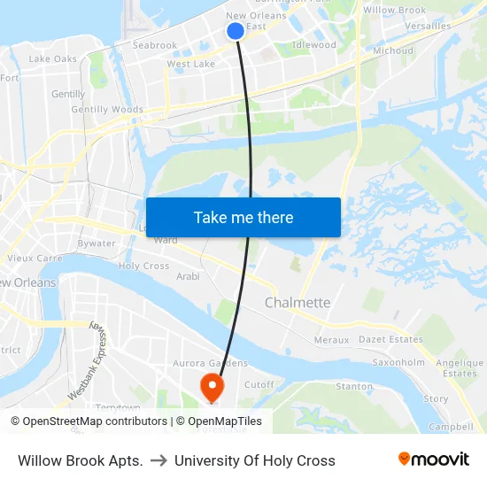 Willow Brook Apts. to University Of Holy Cross map