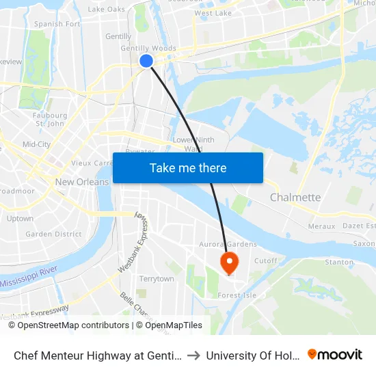 Chef Menteur Highway at Gentilly Walmart to University Of Holy Cross map