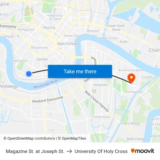 Magazine St. at Joseph St. to University Of Holy Cross map