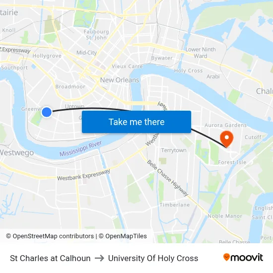 St Charles at Calhoun to University Of Holy Cross map