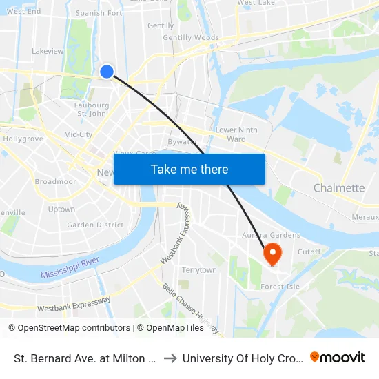 St. Bernard Ave. at Milton St. to University Of Holy Cross map