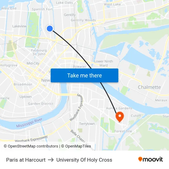 Paris at Harcourt to University Of Holy Cross map