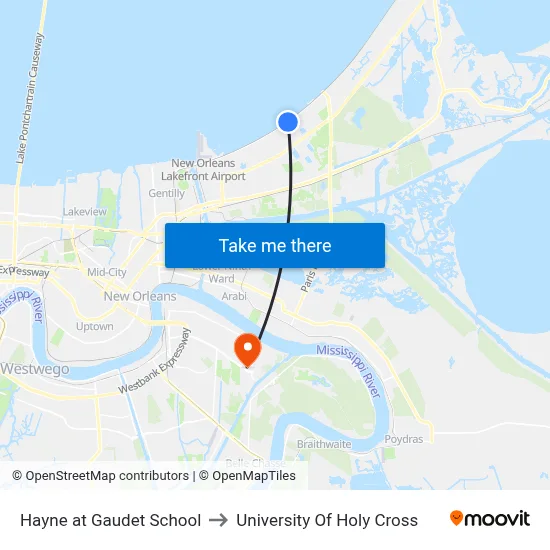Hayne at Gaudet School to University Of Holy Cross map