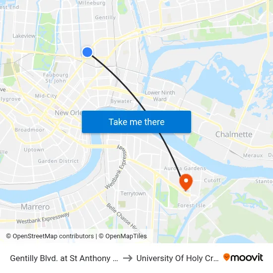 Gentilly Blvd. at St Anthony Ave. to University Of Holy Cross map
