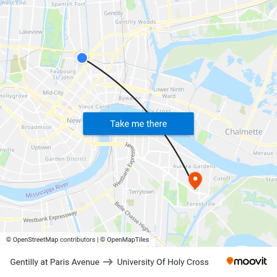 Gentilly at Paris Avenue to University Of Holy Cross map