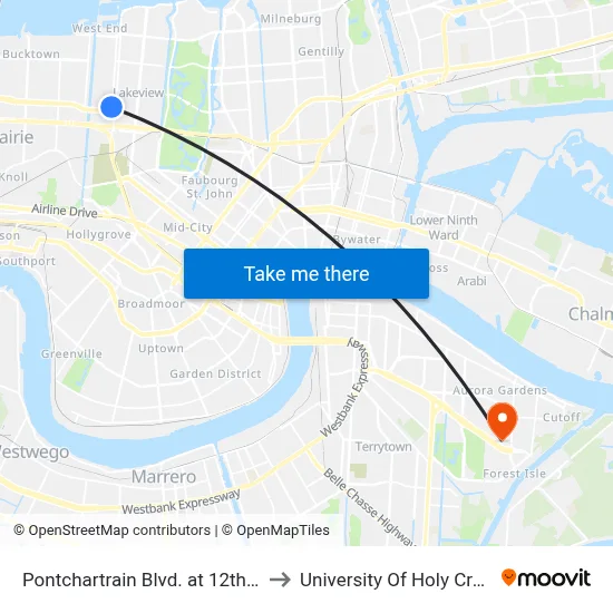 Pontchartrain Blvd. at 12th St. to University Of Holy Cross map