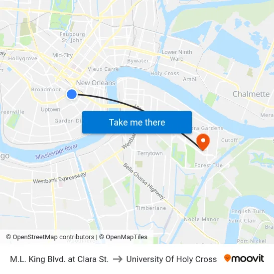 M.L. King Blvd. at Clara St. to University Of Holy Cross map