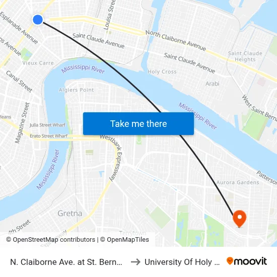 N. Claiborne Ave. at St. Bernard Ave. to University Of Holy Cross map