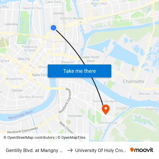 Gentilly Blvd. at Marigny St. to University Of Holy Cross map