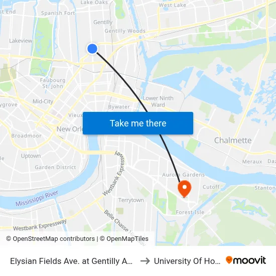 Elysian Fields Ave. at Gentilly Ave. (Nearside) to University Of Holy Cross map