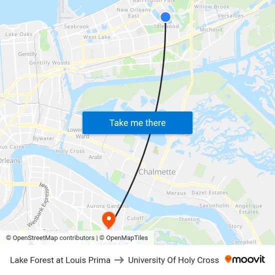 Lake Forest at Louis Prima to University Of Holy Cross map