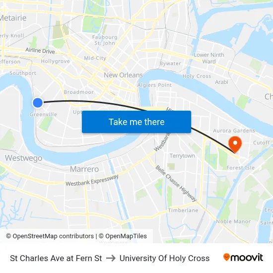 St Charles Ave at Fern St to University Of Holy Cross map