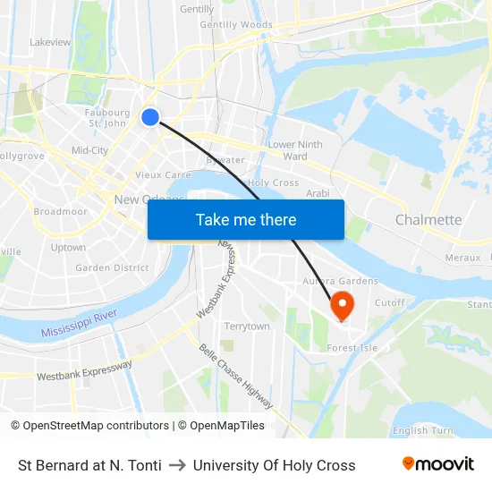 St Bernard at N. Tonti to University Of Holy Cross map