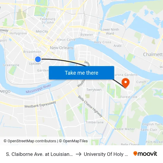 S. Claiborne Ave. at Louisiana Ave. to University Of Holy Cross map
