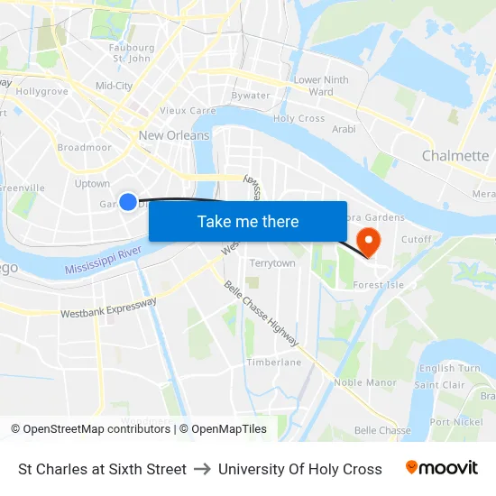 St Charles at Sixth Street to University Of Holy Cross map