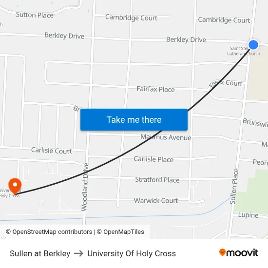 Sullen at Berkley to University Of Holy Cross map