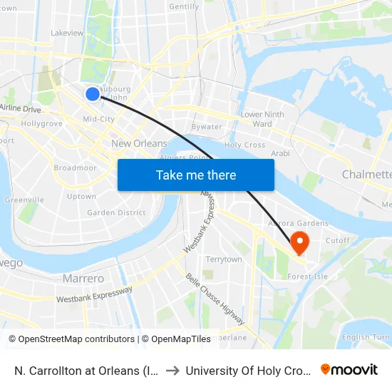 N. Carrollton at Orleans (In) to University Of Holy Cross map