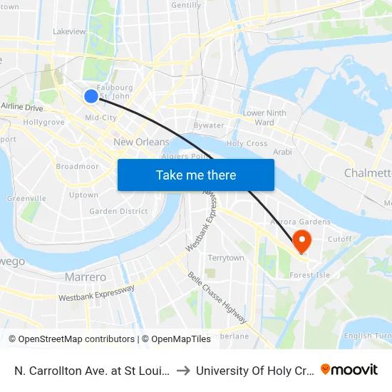N. Carrollton Ave. at St Louis St. to University Of Holy Cross map