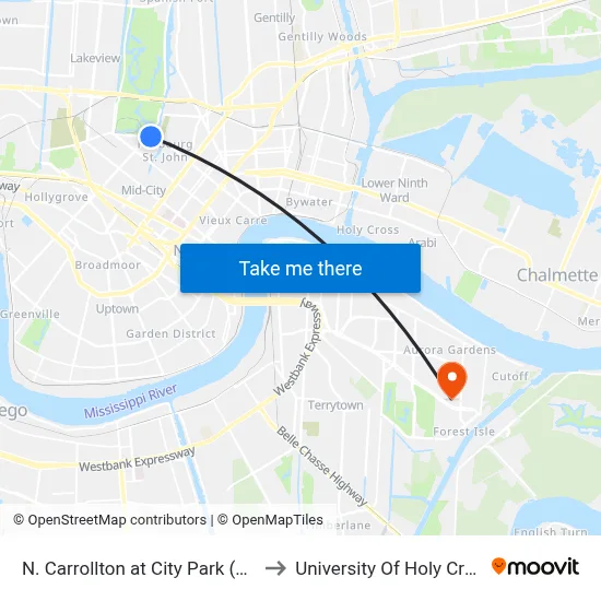 N. Carrollton at City Park (Out) to University Of Holy Cross map