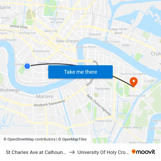 St Charles Ave at Calhoun St to University Of Holy Cross map