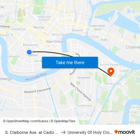 S. Claiborne Ave. at Cadiz St. to University Of Holy Cross map