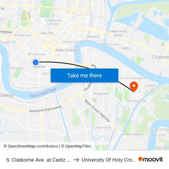 S. Claiborne Ave. at Cadiz St. to University Of Holy Cross map